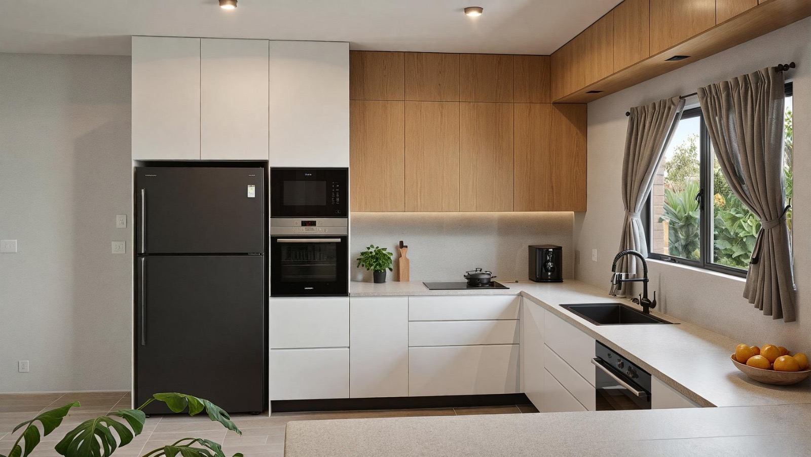 Wide 3D visualisation of a white and timber corner kitchen