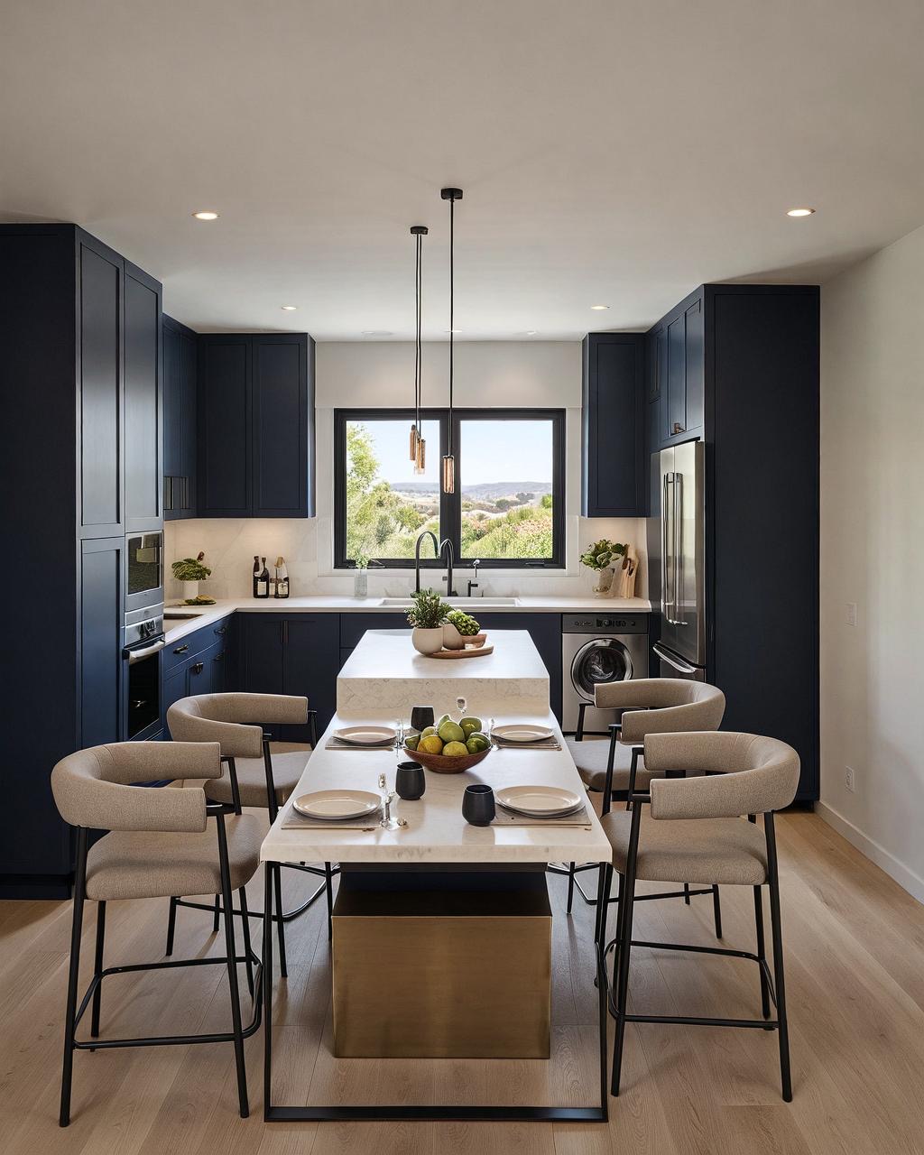 3D visualisation of a navy bespoke kitchen and dining space