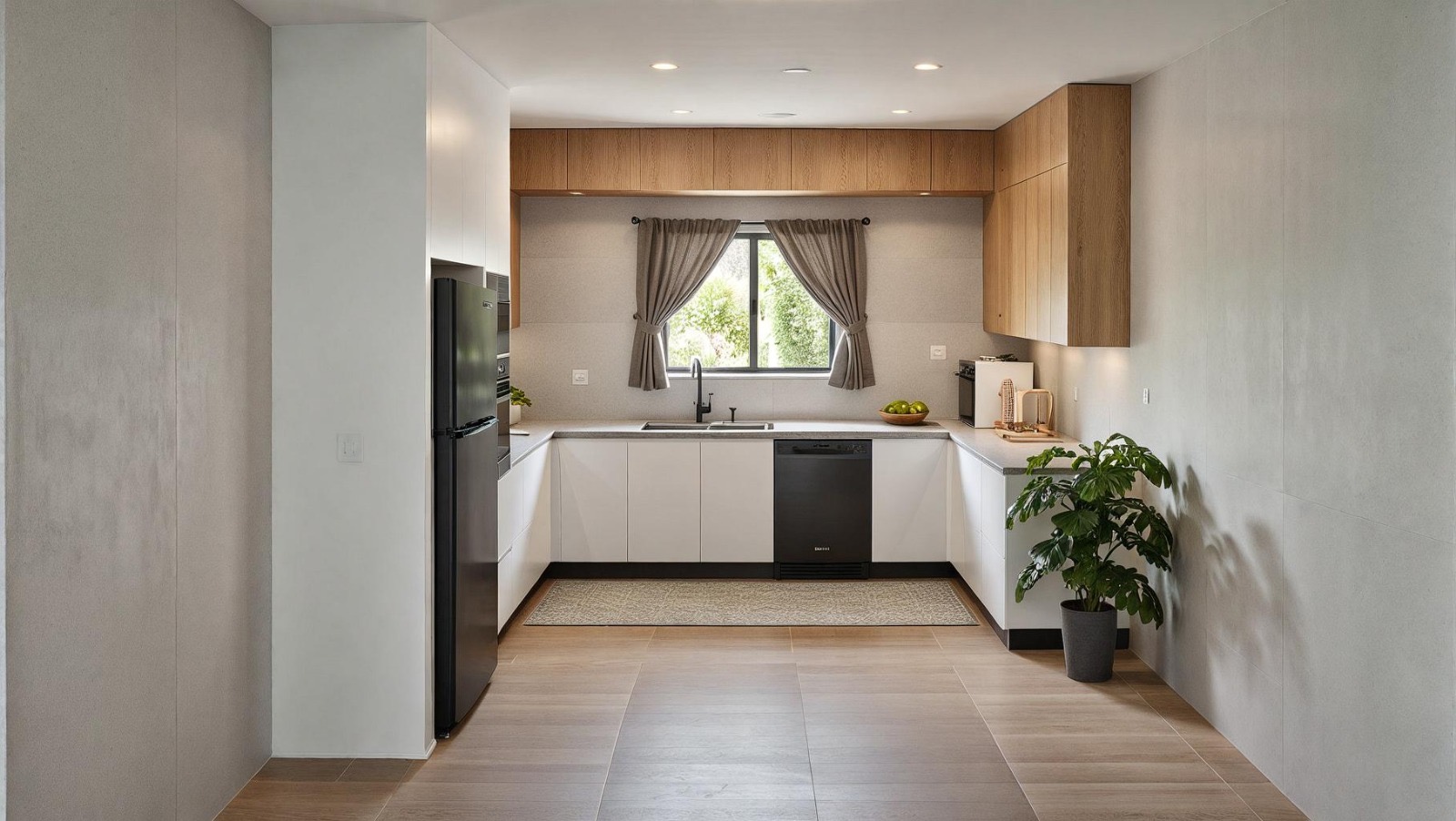 Photorealistic 3D visualisation of a bespoke white and timber kitchen